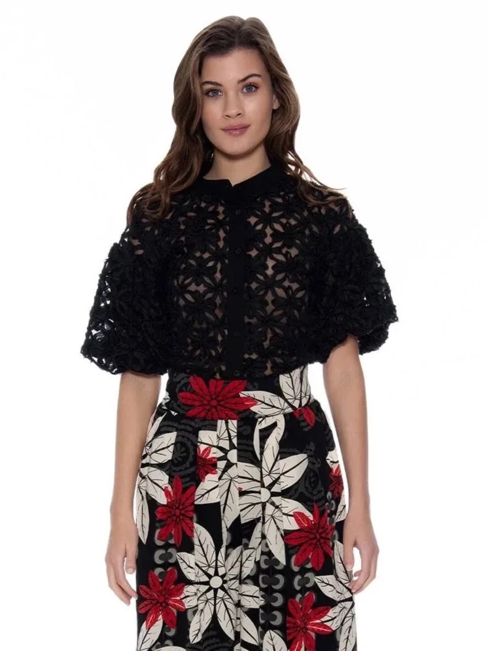 Gracia Black Floral  Sheer Lace Crop Top Size L
